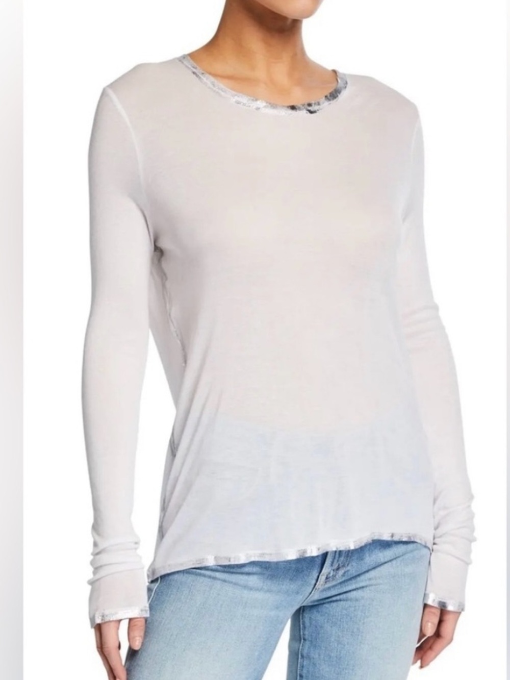 ZADIG& VOLTAIRE Willy Silver Foil Trim Long-Sleeve T-Shirt White Small